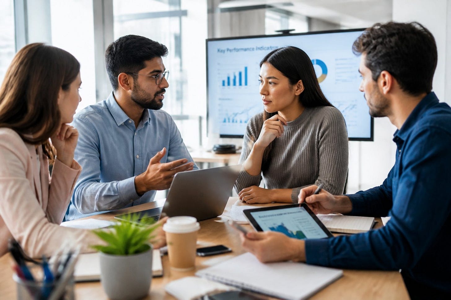 A group of young professionals working together around a table with laptops and notebooks, discussing ideas in a modern office.