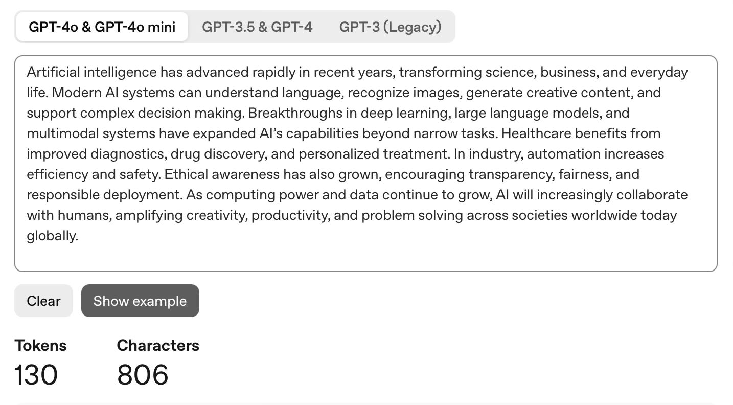 OpenAI GPT-4o tokenizer processing English text showing 130 tokens and 806 characters