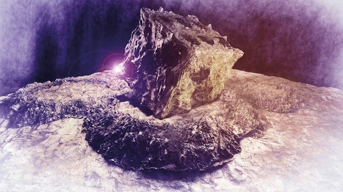 Artistic image of a badly weathered giant die sitting in a Moon crater Artistic image of a badly weathered giant die sitting in a Moon crater