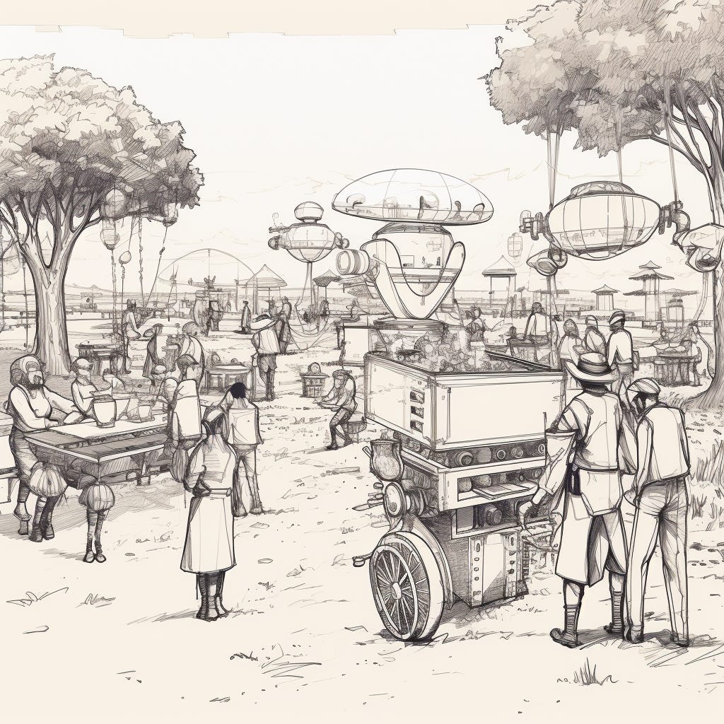 a rough industrial design sketch, initial, black pen, handdrawn, white paper. image is a western plantation, with robotic farmers and a white man plantation owner in fancy attire with maids bringing snacks and drinks