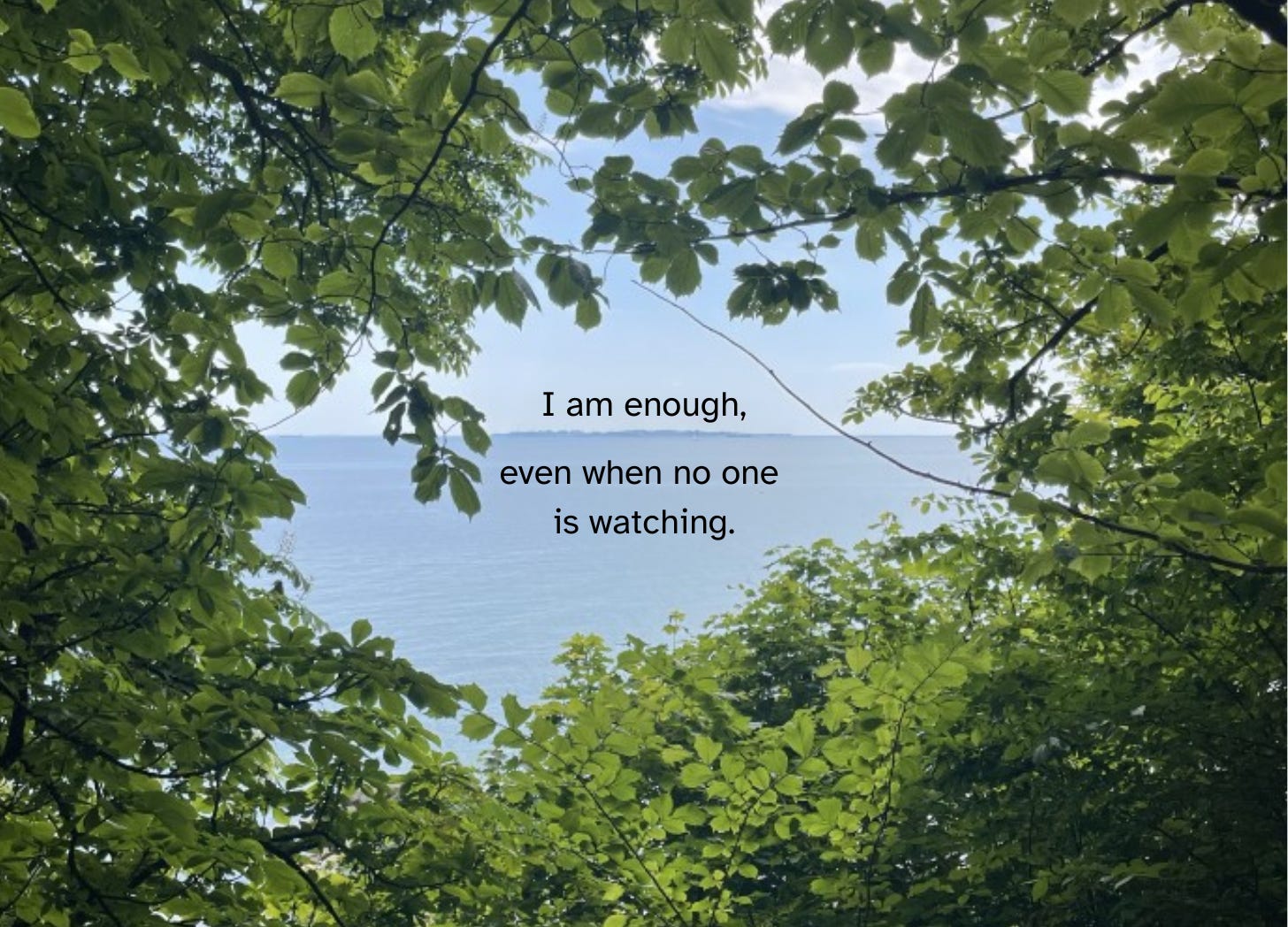Blue ocean peeking through rich, green foliage. Text: I am enough, even when people aren't watching