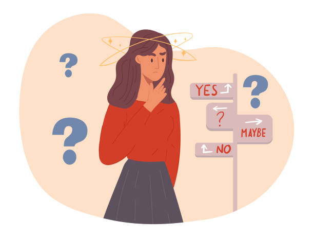 Young confused woman is standing and expressing frustration Young confused woman is standing and expressing frustration. Concept of frustration, doubt, having no idea. Girl with difficult situation trying to find solution. Flat cartoon vector illustration decision manager stock illustrations