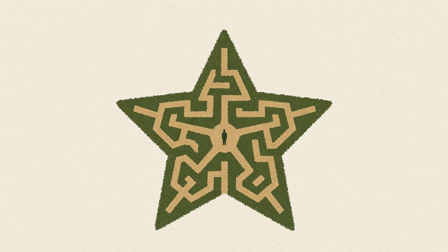 A star-shaped hedge maze seen from above on cream paper, one tiny figure standing at its centre.