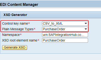 In B2B add-on EDI content manger, select Control key name and plain Message Type in XSD Generator to create the XSD In B2B add-on EDI content manger, select Control key name and plain Message Type in XSD Generator to create the XSD
