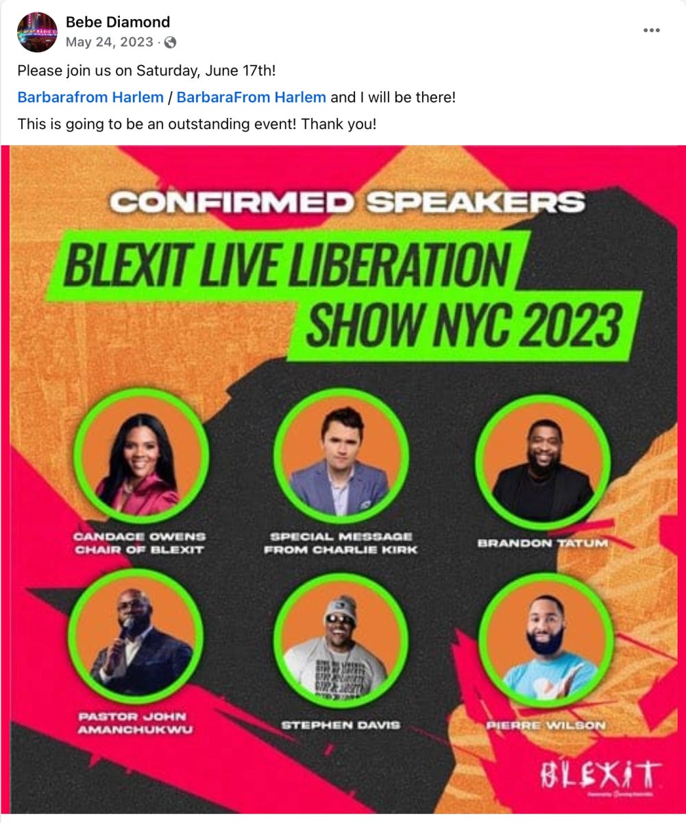 Bebe diamond promoted Charlie Kirk's Blexit event