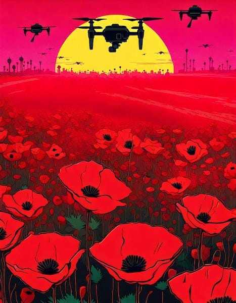 Drones silhouetted against the rising sun flying over a field of poppies. Drones silhouetted against the rising sun flying over a field of poppies.