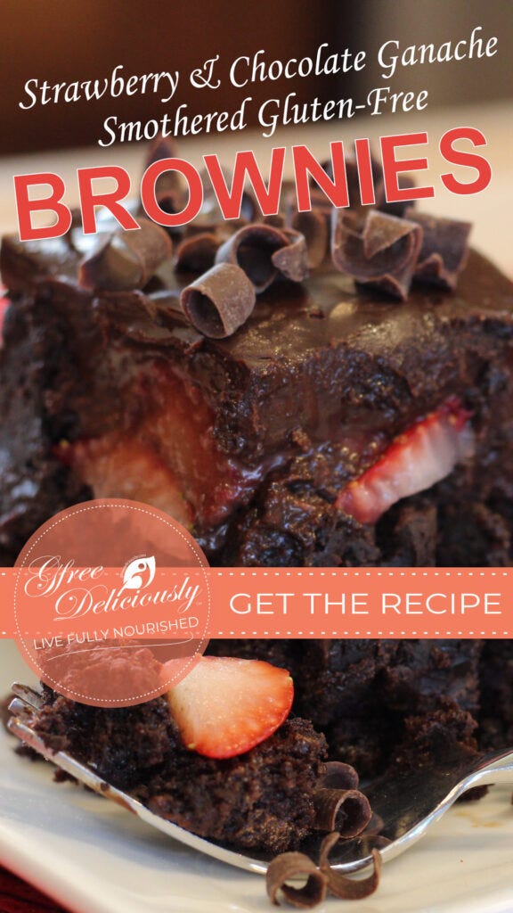 1080x1920 Social share image of Stylized photo of chocolate ganache and strawberry brownies featuring a brownie on a plate, fork filled with brownie bite and strawberry.