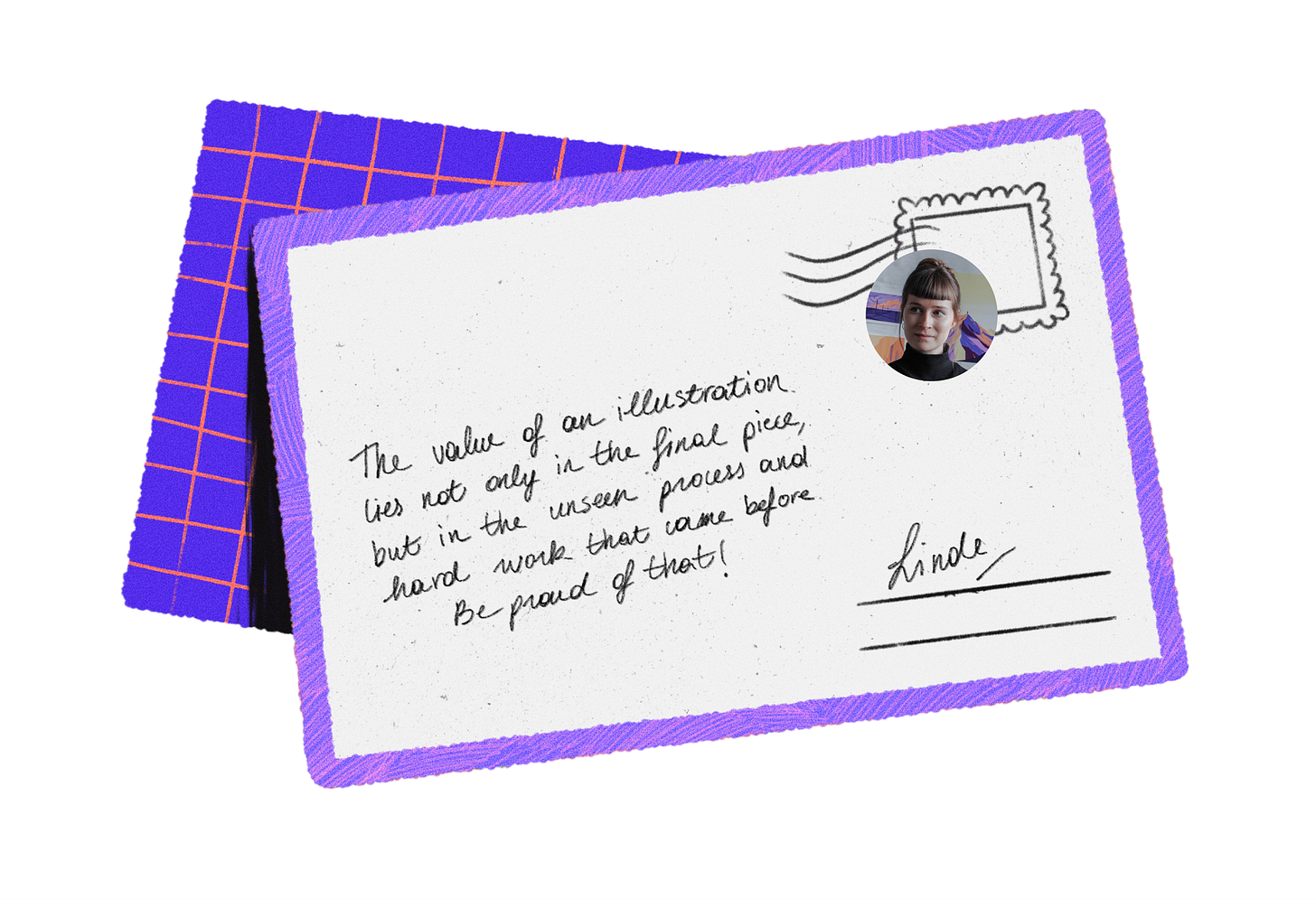 Illustration of a postcard, white background.