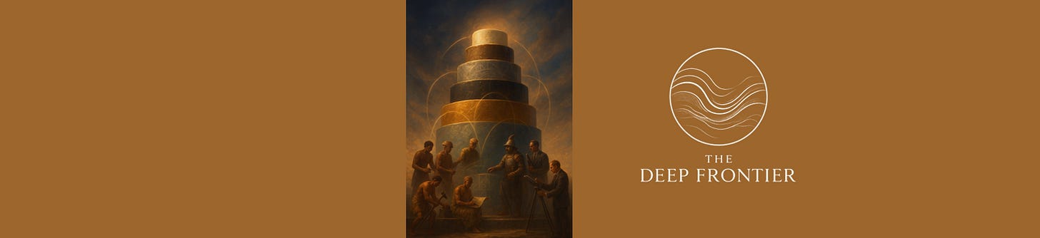A cinematic, semi-realistic painting of a colossal multi-tiered cake symbolizing human progress through history. Each tier represents a different era: Bronze Age copper and tin with a green patina, Egyptian gold with gemstone inlays, Roman silver and marble, Spanish colonial silver, early 20th-century oil with a dark glaze, and a sleek, glowing modern tier symbolizing cutting-edge IP. Figures from each period- smiths, miners, engineers, conquistadors, and scientists- are shown interacting with their layer, focusing on tools, maps, and engineering diagrams rather than the raw materials. Golden threads of light connect the tiers, representing the continuous flow of knowledge and intellectual property through time. In the background, a dramatic dawn sky casts warm and cool tones, with the modern tier glowing brightest at the top.