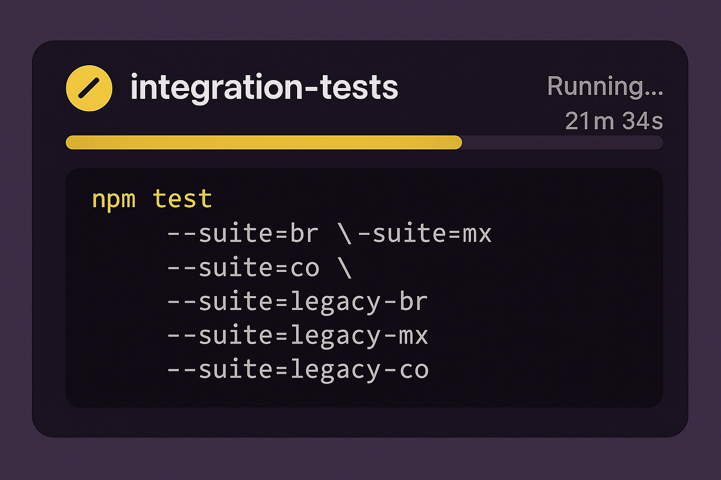 “Screenshot of a CI job named ‘integration-tests’ stuck for over 21 minutes, showing a single huge npm test command running all countries and legacy suites in one step, with a yellow progress bar indicating a slow execution.