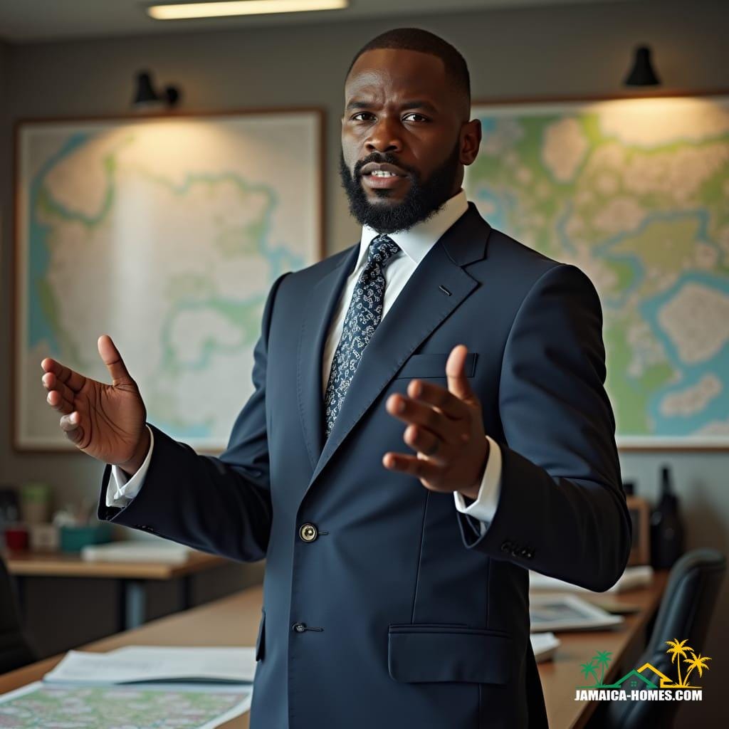 A handsome, light-skinned Jamaican man with a strong presence, dressed in a tailored navy blue suit, crisp white shirt, and patterned tie, stands confidently in a modern planning office, surrounded by maps and documents. He gestures emphatically as he explains the penalties for subdividing and selling land without approval, his eyes engaging and serious. The atmosphere is formal, yet intense, with a sense of gravity. The image is rendered in a cinematic film still style, reminiscent of the works of Roger Deakins, Emmanuel Lubezki, and Bradford Young