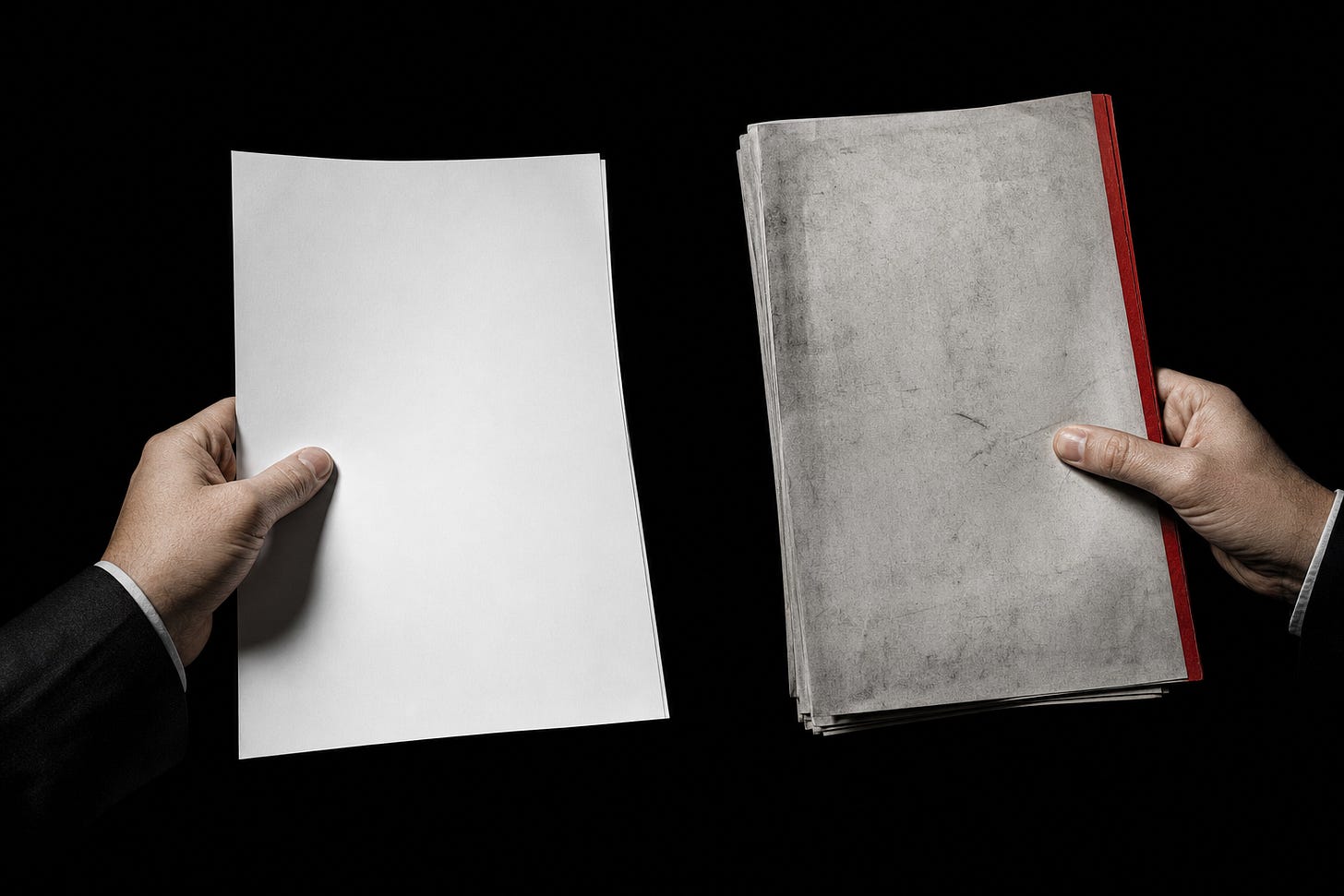 Editorial illustration: one hand holds a stark white published research report, the other hand holds a leaked internal memo — the public version and the private version, side by side