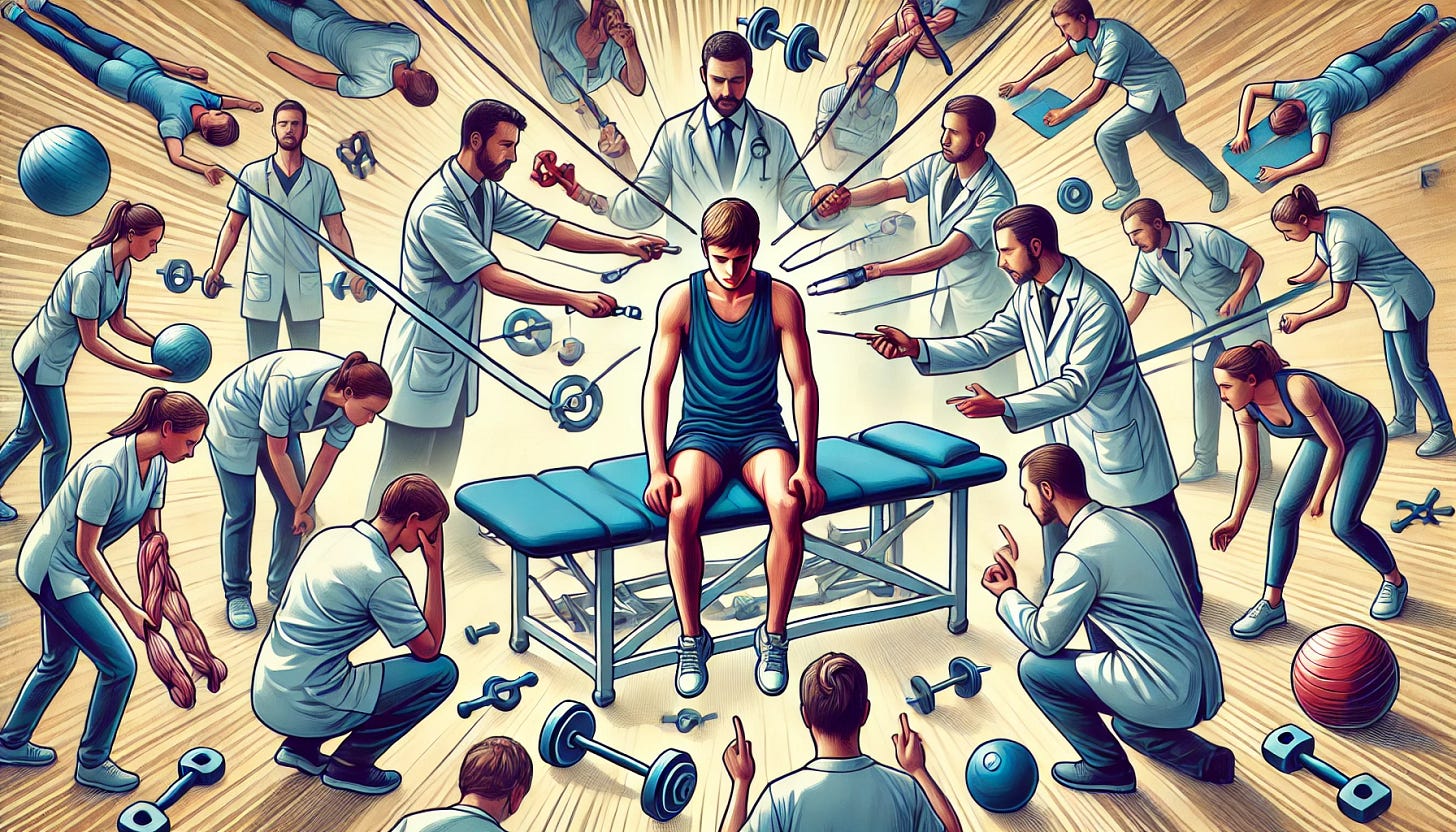 A conceptual illustration depicting overutilization of physical therapy services. Show a patient surrounded by multiple physical therapists performing redundant treatments, such as repeated exercises, excessive equipment use, or unnecessary manual therapy. The patient appears overwhelmed or confused. Use clean visuals and a clear focus on excessive service delivery to highlight the concept.