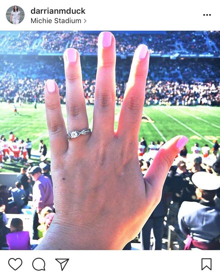 ring selfie, west point engagement, ring selfie ideas, Michie Stadium, unique engagement rings, unique ring selfie ideas