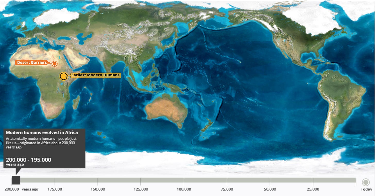 Screenshot of the map of human migration paths out of Africa