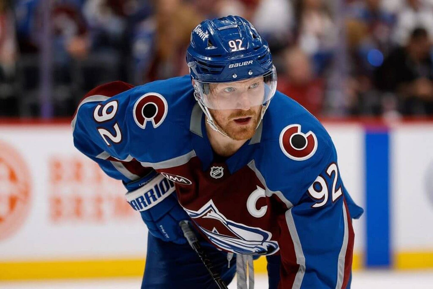 Apr 23, 2025; Denver, Colorado, USA; Colorado Avalanche left wing Gabriel Landeskog (92) in the second period against the Dallas Stars in game three of the first round of the 2025 Stanley Cup Playoffs at Ball Arena. Mandatory Credit: Isaiah J. Downing-Imagn Images