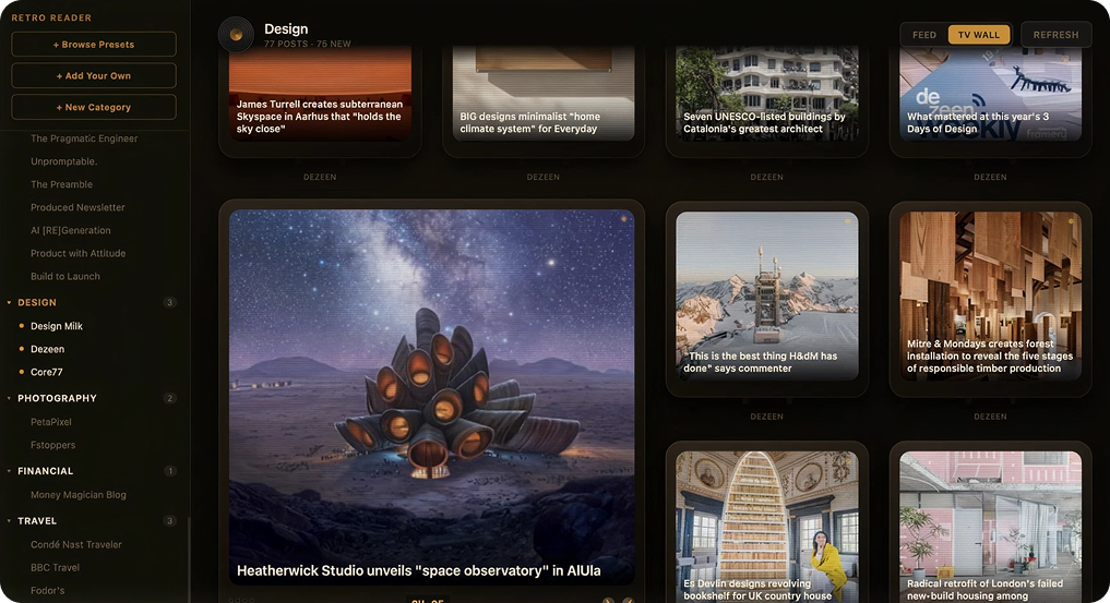 Retro Reader RSS app in dark mode showing a TV Wall grid of Dezeen design headlines, with a category sidebar grouping Design, Photography, Financial, and Travel feeds by unread count.