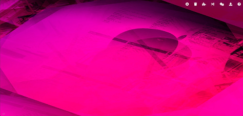 Images of glitched computer graphics and a large projection in a gallery space showing the final work 