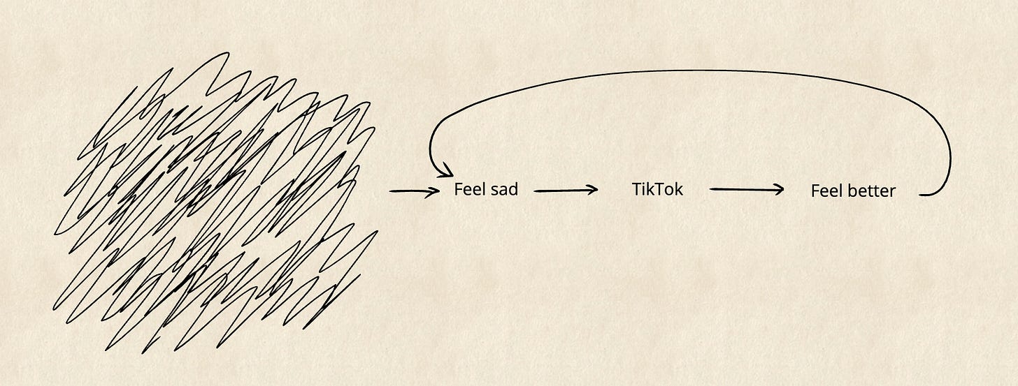 Unresolved problems repeatedly feeding into sadness, TikTok and temporary relief.