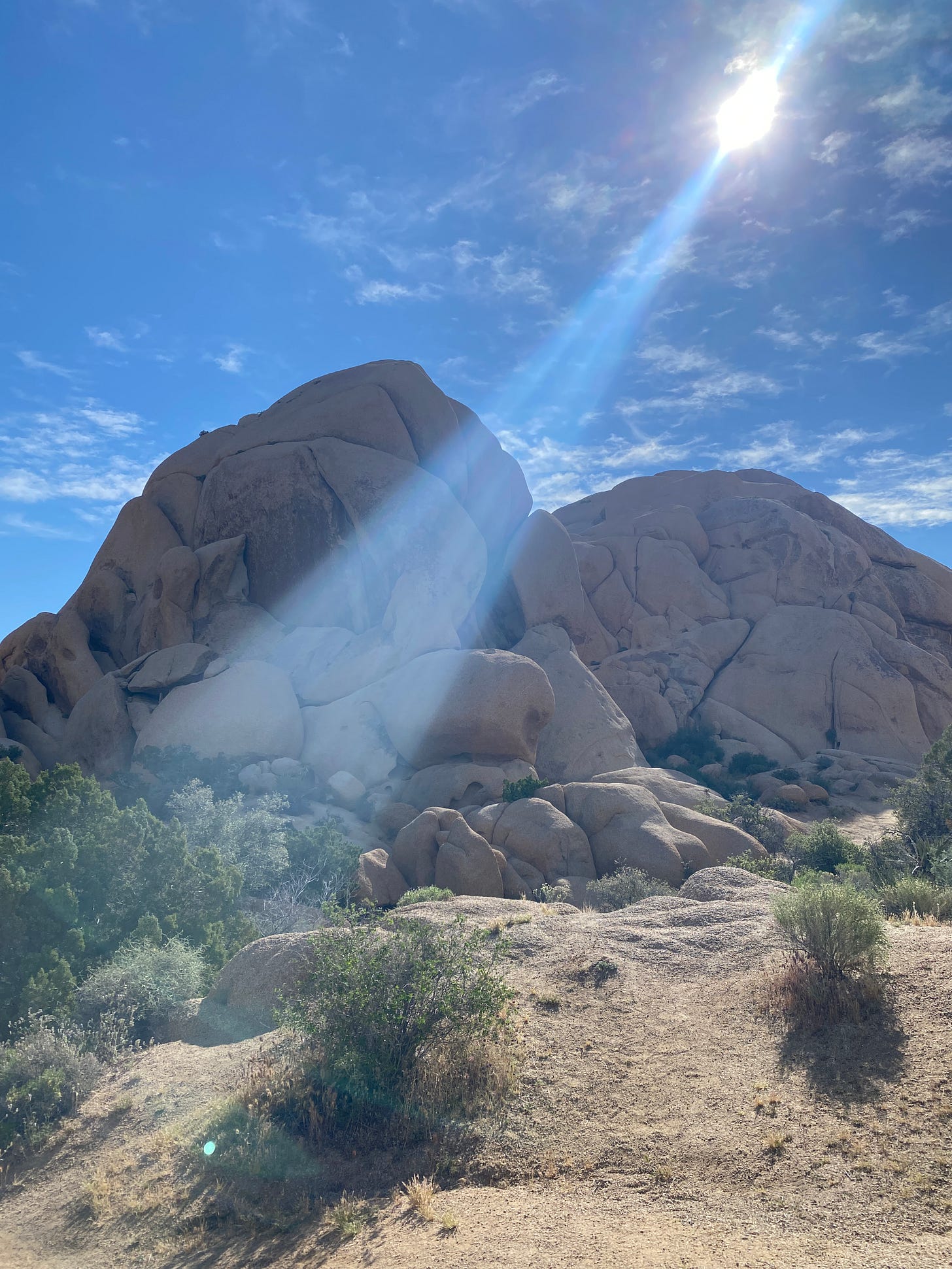 Sun beam on rock formation in Joshua Tree National Park