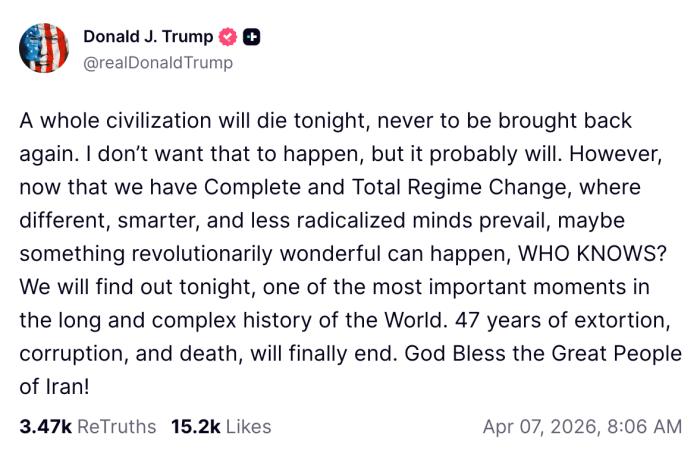 A screenshot of a Truth Social post by Donald J. Trump threatening the Iranian civilization.