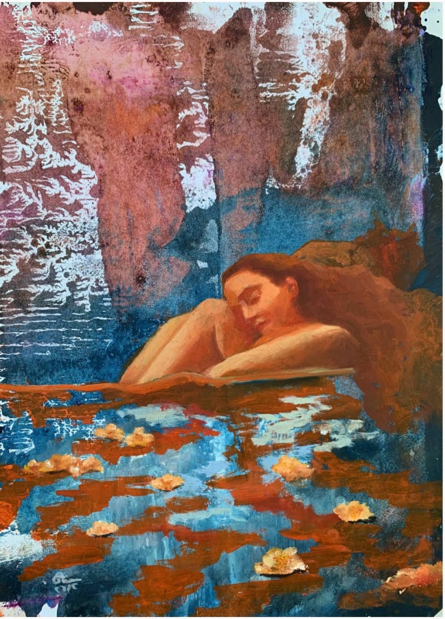 Dreamlike oil painting of a sleeping woman beside blue water filled with pale flowers, surrounded by layered rust, pink, brown, and patterned surfaces.