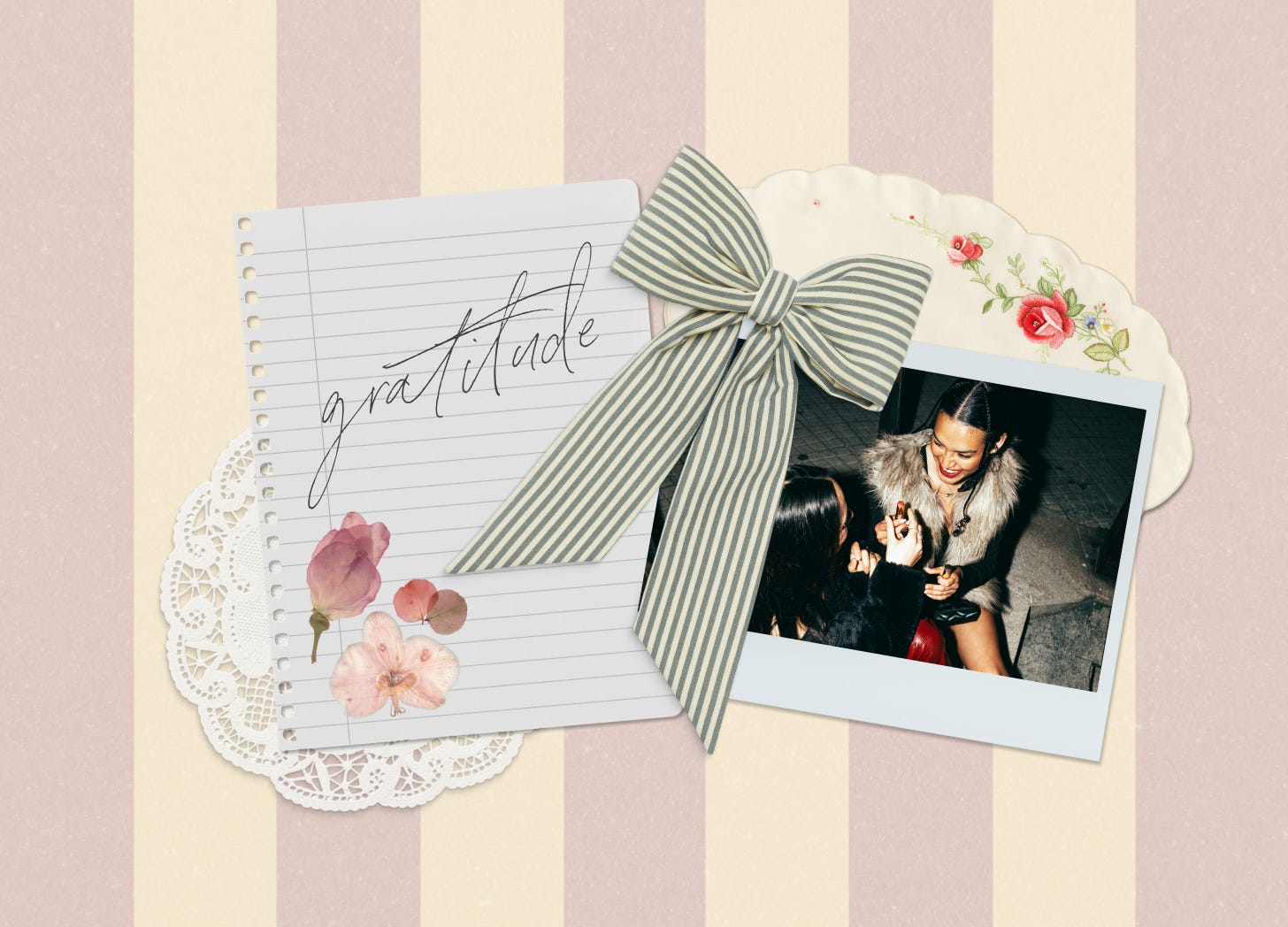 Scrapbook-style collage with handwritten “gratitude,” flowers, ribbon, and a candid photo.
