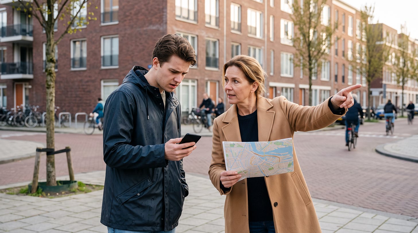 Op een straathoek staart een jongeman naar zijn telefoon terwijl een vrouw met een papieren kaart de weg wijst