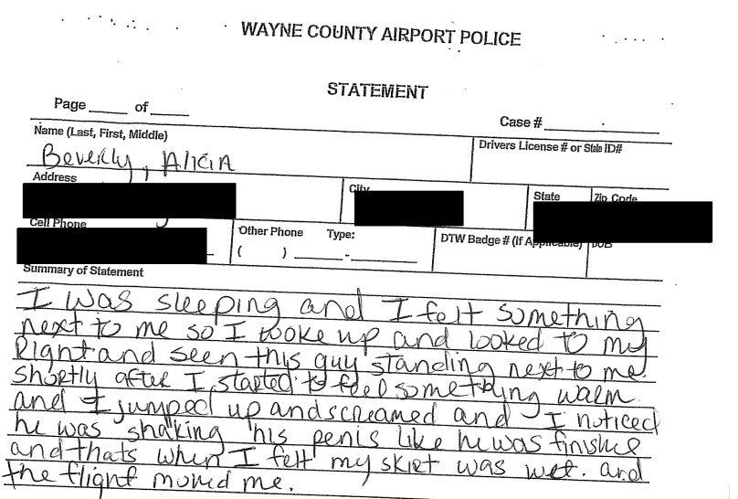 Alicia Beverly, police report statement that man urinated on her on Delta flight.
Alicia Beverly, police report statement that man urinated on her on Delta flight.