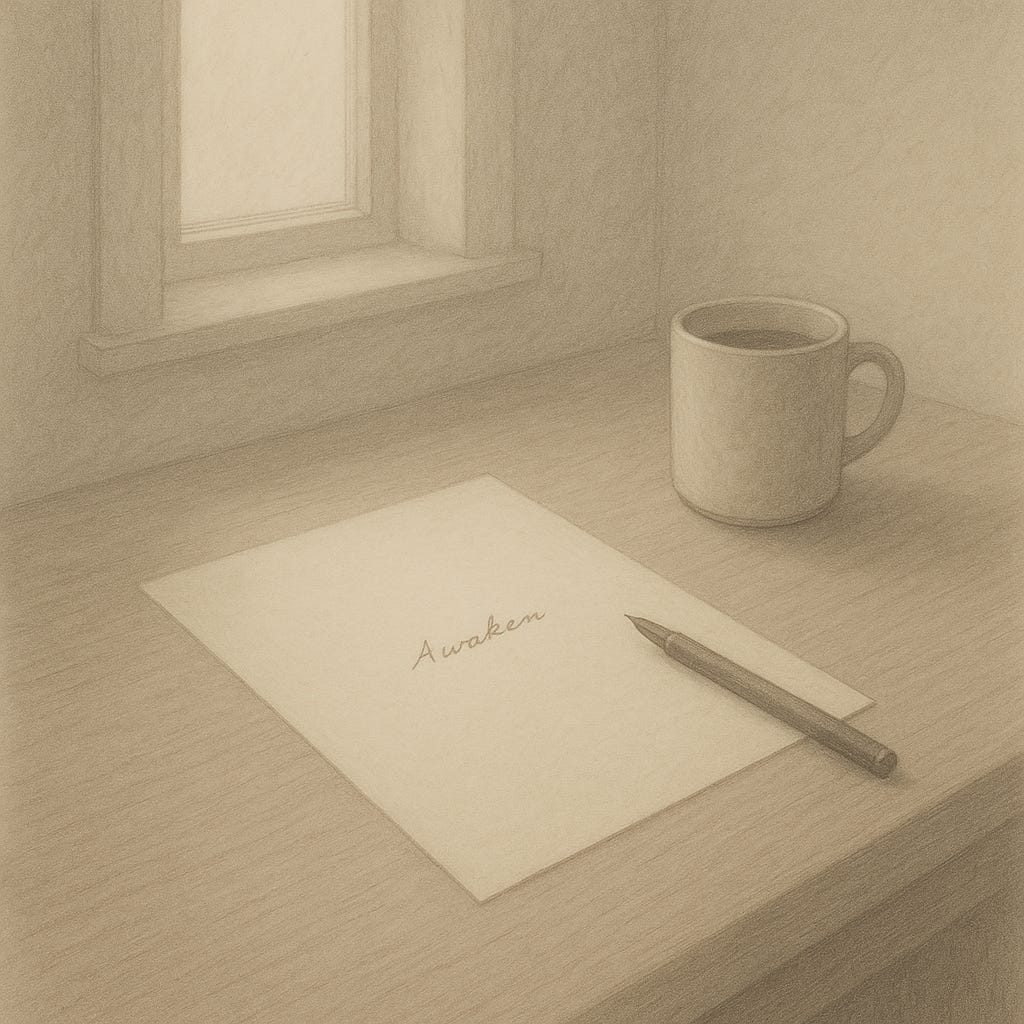 A minimal, dreamy workspace with a blank page on a desk, a single handwritten word on it, and soft light filtering through, suggesting the quiet beginning of a creative flow.