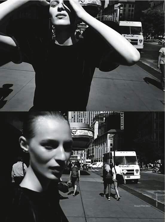 This may contain: black and white photos of a woman on the street