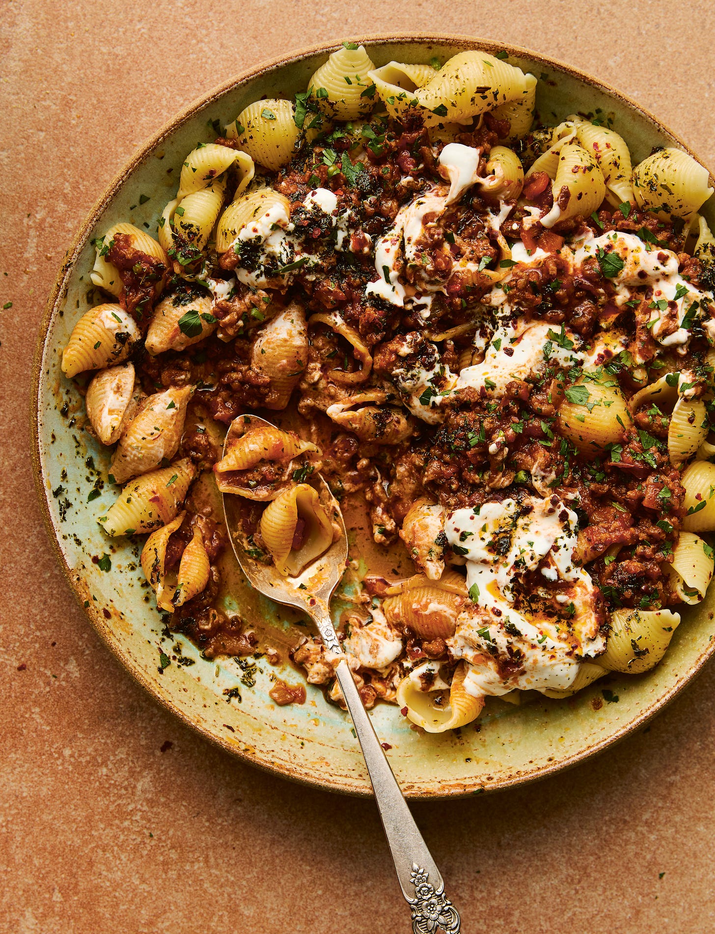 Plate of Ozlem Warren's Cheat's Manti Turkish pasta.