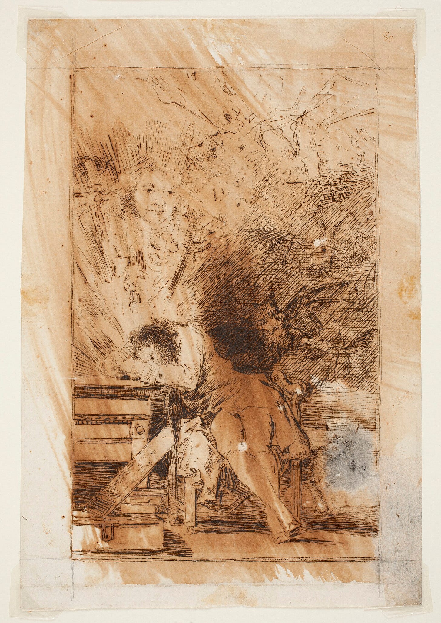Francisco Goya, The author dreaming (Universal language), preparatory drawing for Capricho No. 43, 1797. Museo del Prado. Francisco Goya, The author dreaming (Universal language), preparatory drawing for Capricho No. 43, 1797. Museo del Prado.