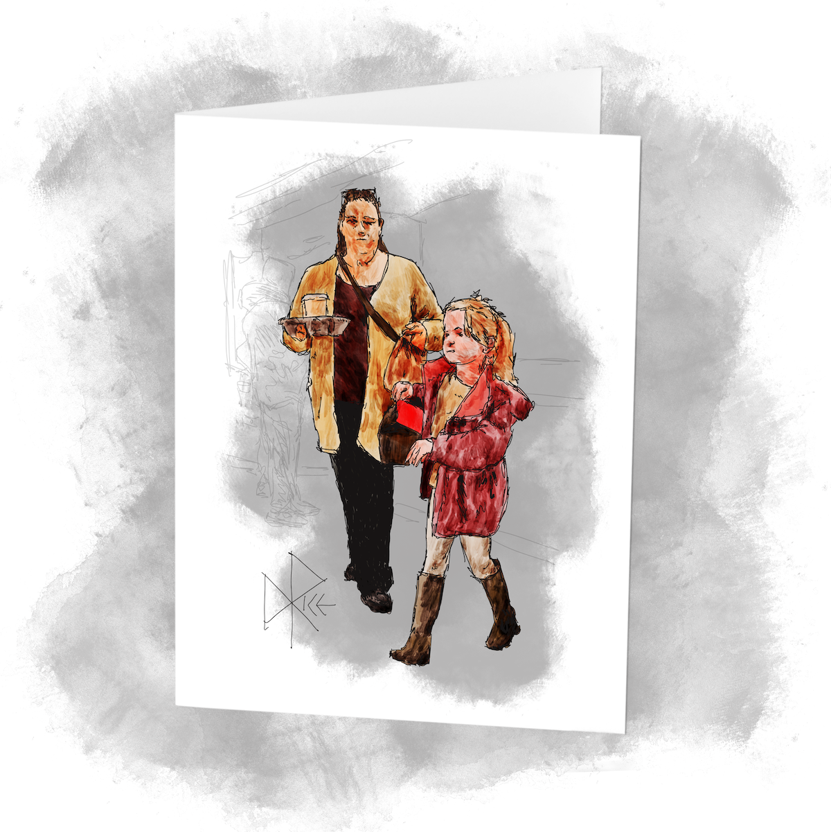 A young girl and her mom carry their McDonald’s order to their table. The girl looks ravenous for her ‘Happy Meal’. Sketch art by Don Rice.