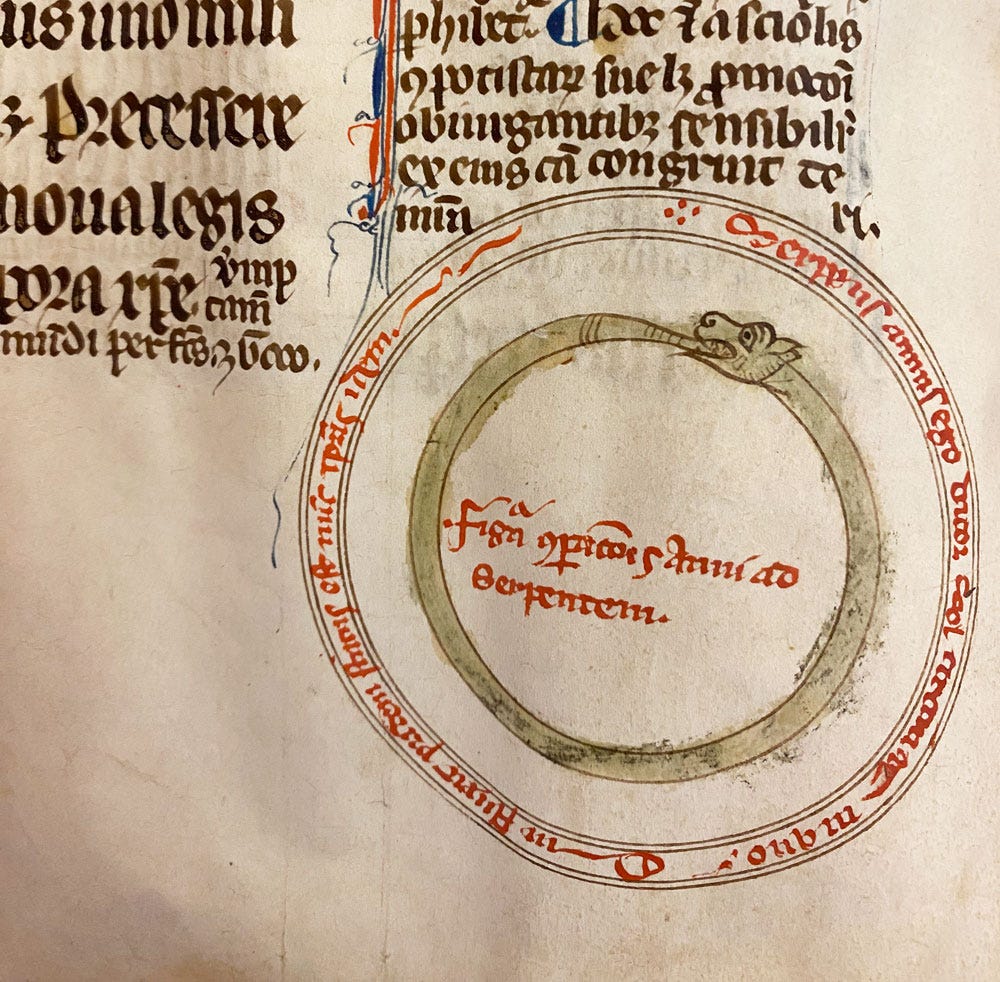 Illustration of the snake eating its tail in a fourteenth century manuscript.