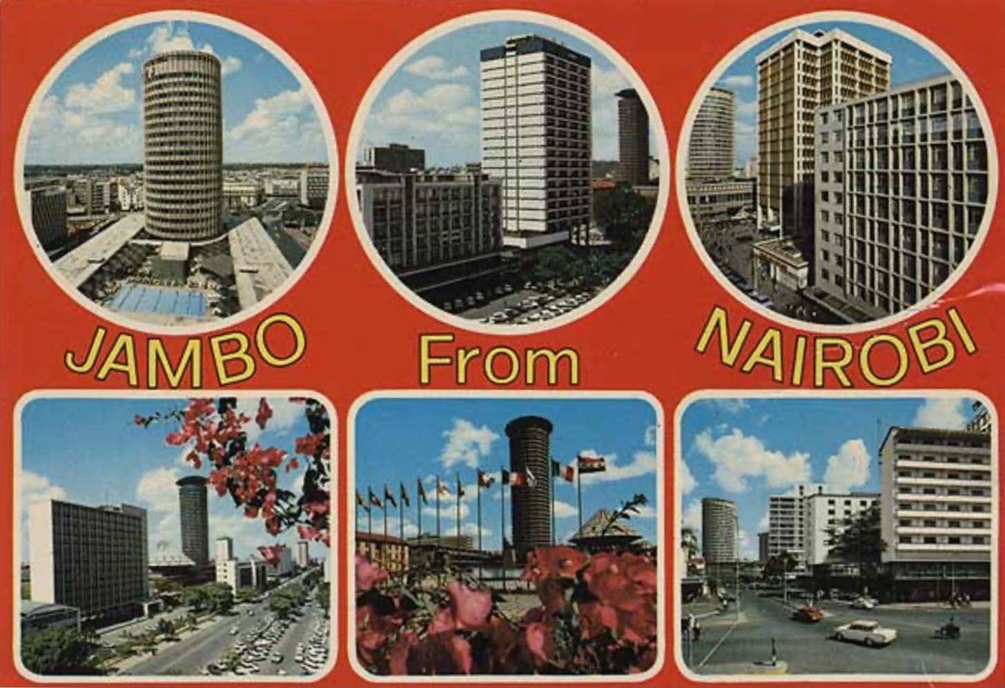 vintage 1960s postcard showing six views of buildings in Nairobi