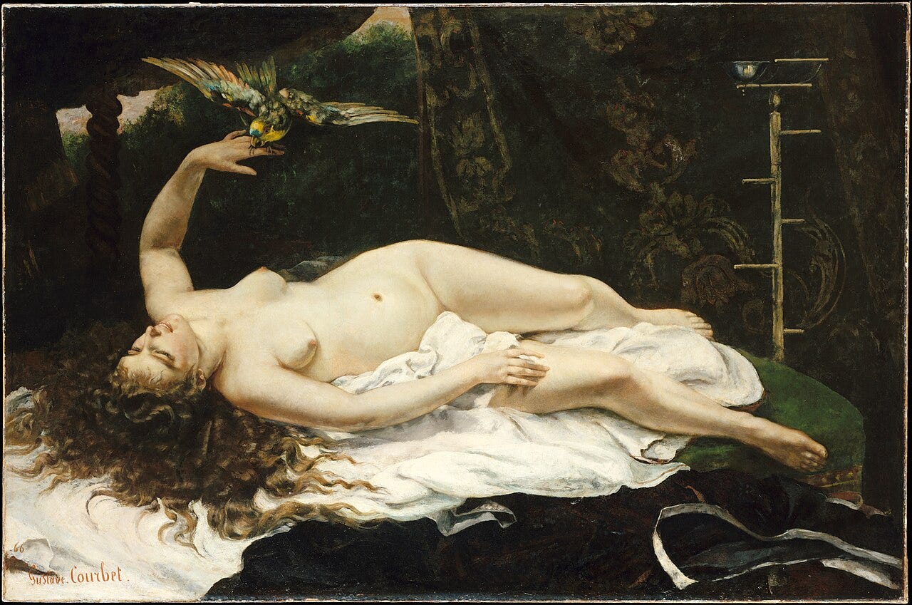 A reclining nude with loose hair and a parrot on her hand A reclining nude with loose hair and a parrot on her hand