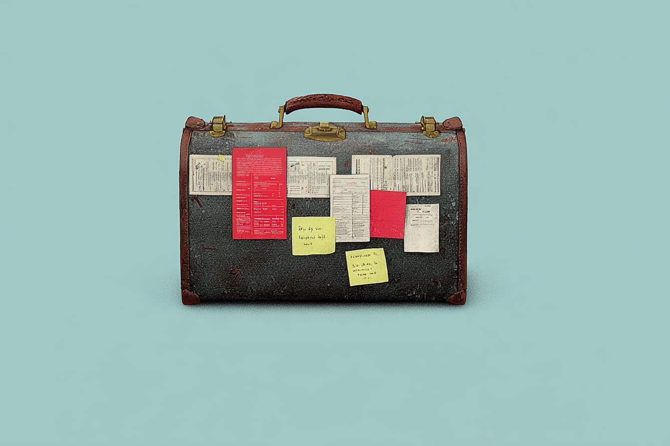 digital illustration of a well-worn briefcase covered in post-it notes digital illustration of a well-worn briefcase covered in post-it notes