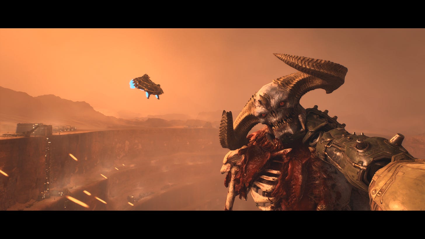 Doomguy uses his Atlan's hand to hold a demon. A lot of its skin is missing.