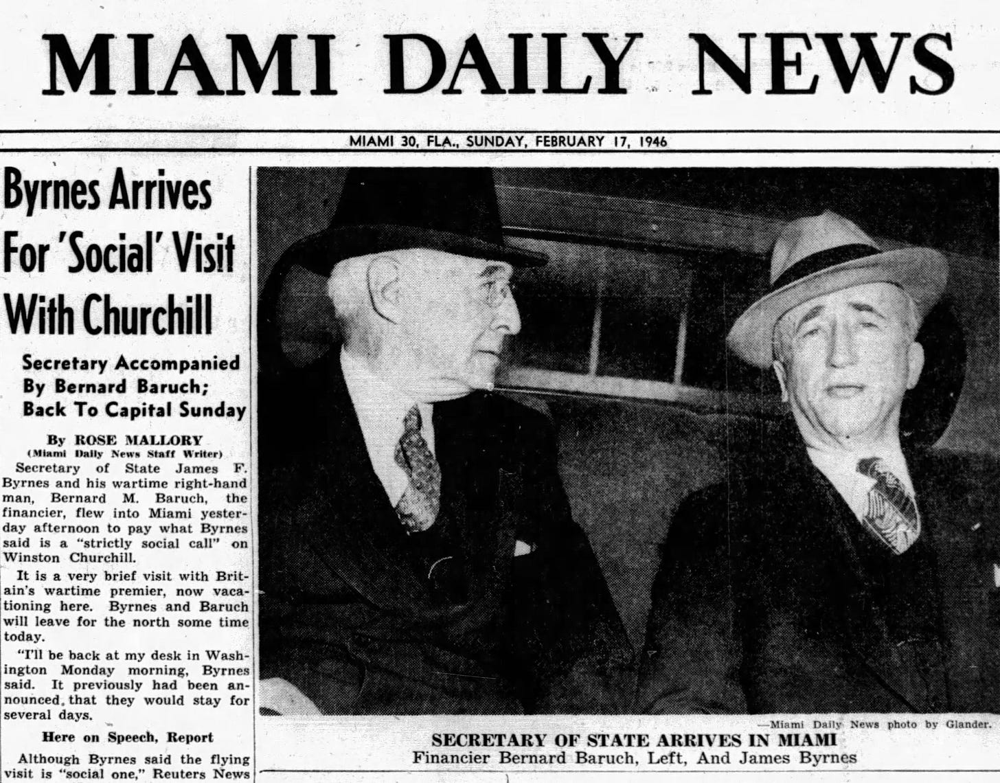 Figure 3: Headline in the Miami Daily News on Sunday, February 17, 1946.