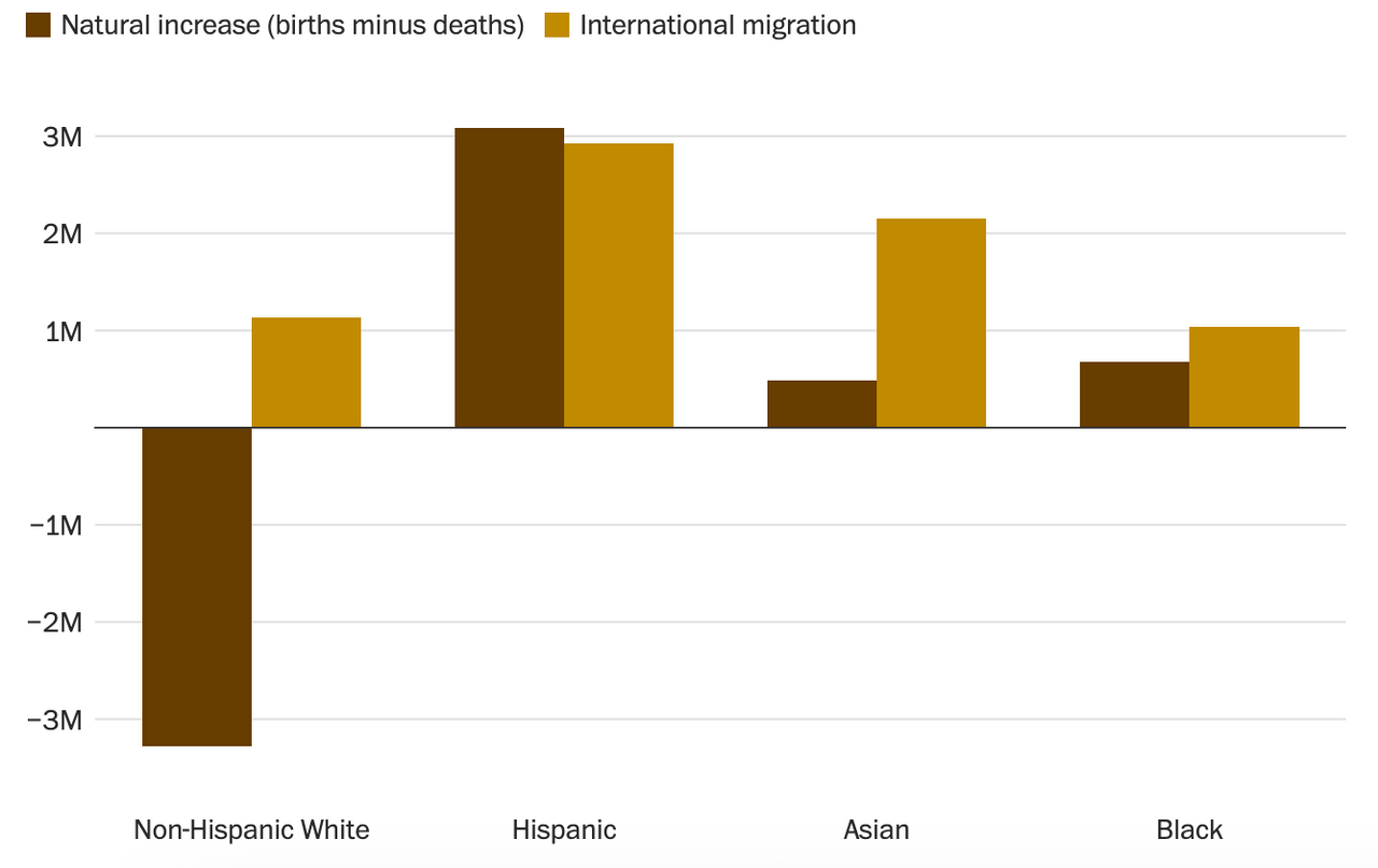 Estimated population change from 2020 to 2024 by race and origin. Source: Census Bureau. (Marie-Rose Sheinerman/Nick Mourtoupalas/The Washington Post)