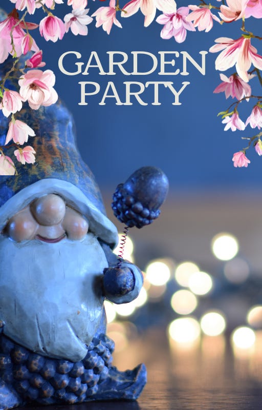 The title Garden Party under a floral border and above a cheerful garden gnome.