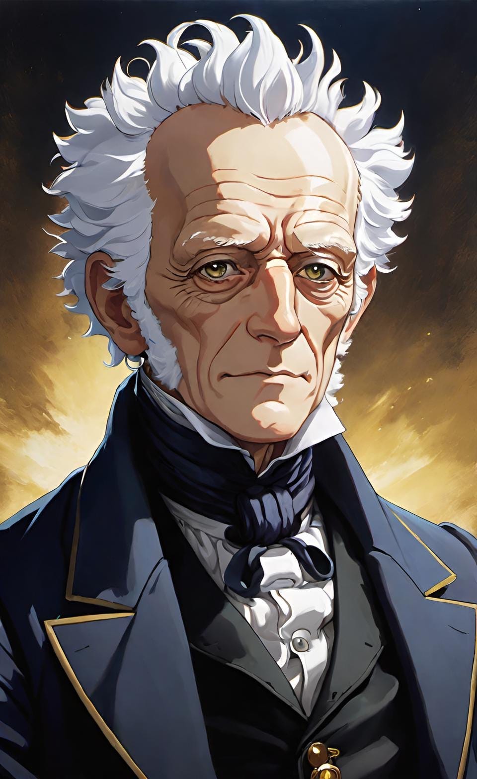 Color Illustration in anime style of German philisopher Author Schopenhauer. Created by Frank Moone using Dream.AI