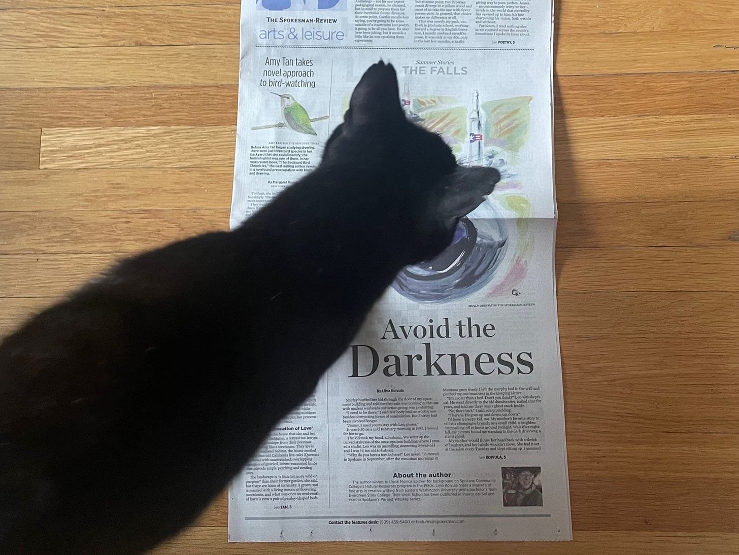A black short-haired cat standing over a newspaper on a hardwood floor.