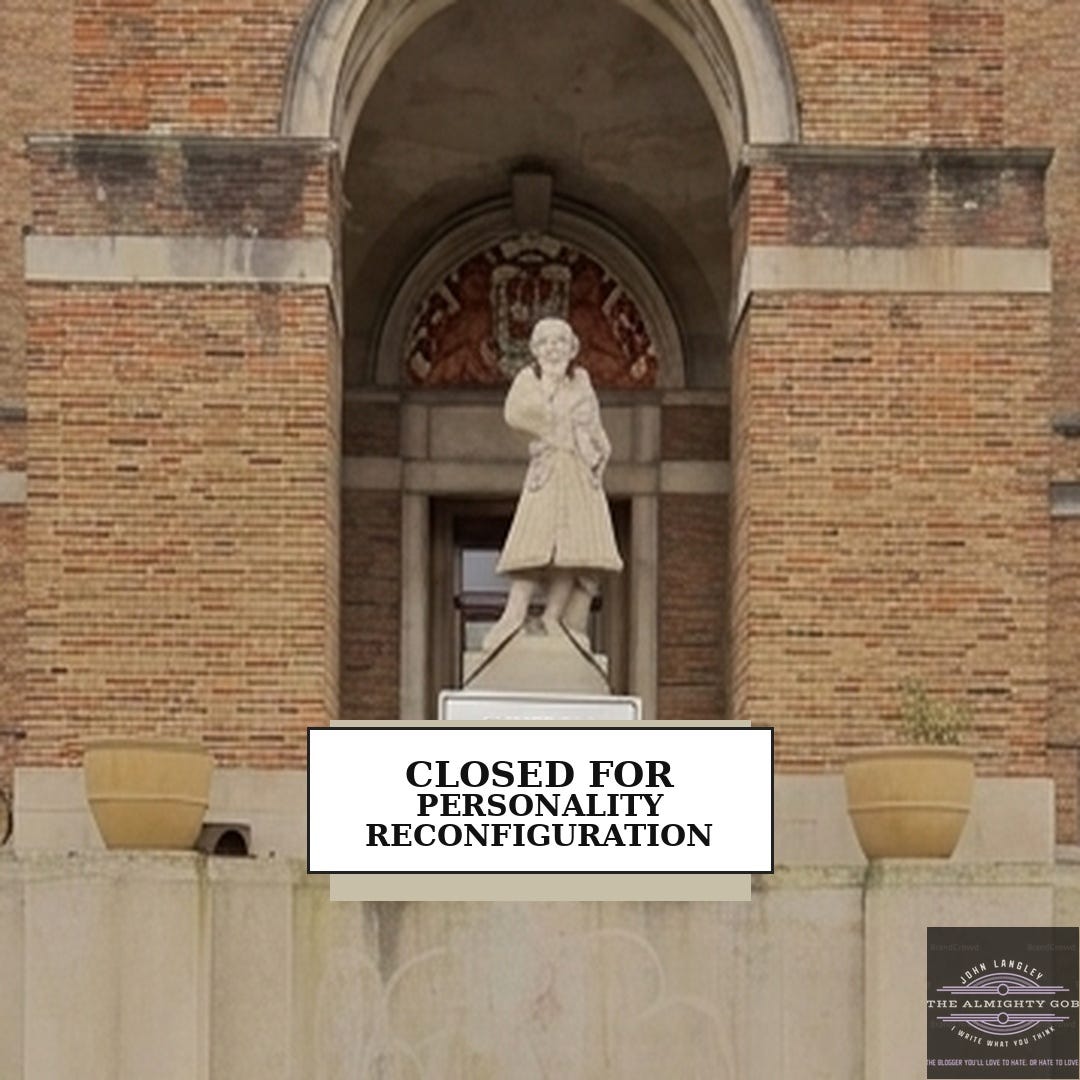 Bristol City Hall on College Green with a sign on the statue plinth reading 'Closed For Personality Reconfiguration' — satirical image accompanying The Almighty Gob article on Bristol City Council and Narcissistic Personality Disorder