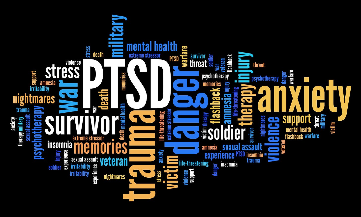 PTSD - post traumatic stress disorder. War veteran mental health issue. Word cloud sign.