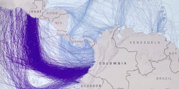 A map visualizing drug trafficking routes from South America to the United States. Thick, dark purple lines indicate that the vast majority of drugs originate from Colombia and travel via the Pacific Ocean and Central America. In contrast, the routes originating from Venezuela are represented by faint, thin lines, indicating a negligible role in the drug trade compared to its neighbors.