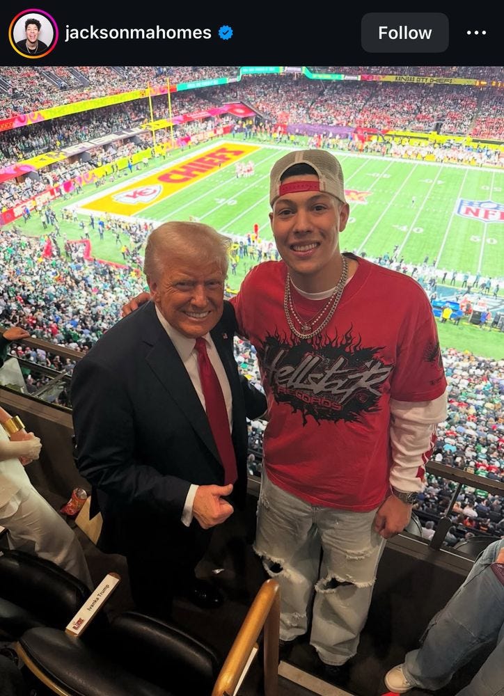 Trump and Jackson Mahomes posing at the Super Bowl. Trump and Jackson Mahomes posing at the Super Bowl.