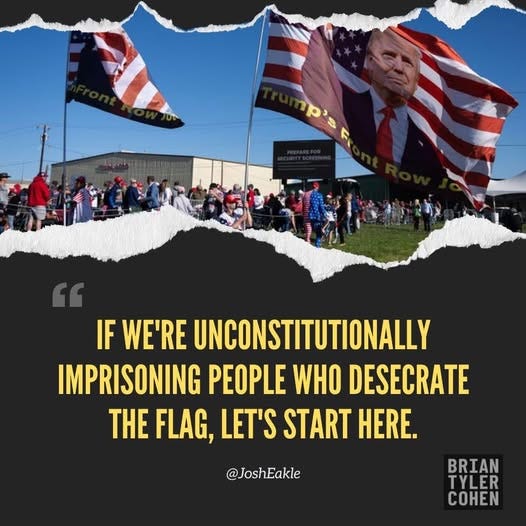 May be an image of ‎2 people and ‎text that says '‎קר ቅይ 0: IF WE'RE UNCONSTITUTIONALLY IMPRISONING PEOPLE WHO DESECRATE THE FLAG, LET'S START HERE. JoshEakle BRIAN TYLER COHEN‎'‎‎