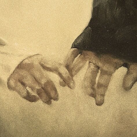 This may contain: two hands touching each other with one hand holding the other's arm, in sepia and white